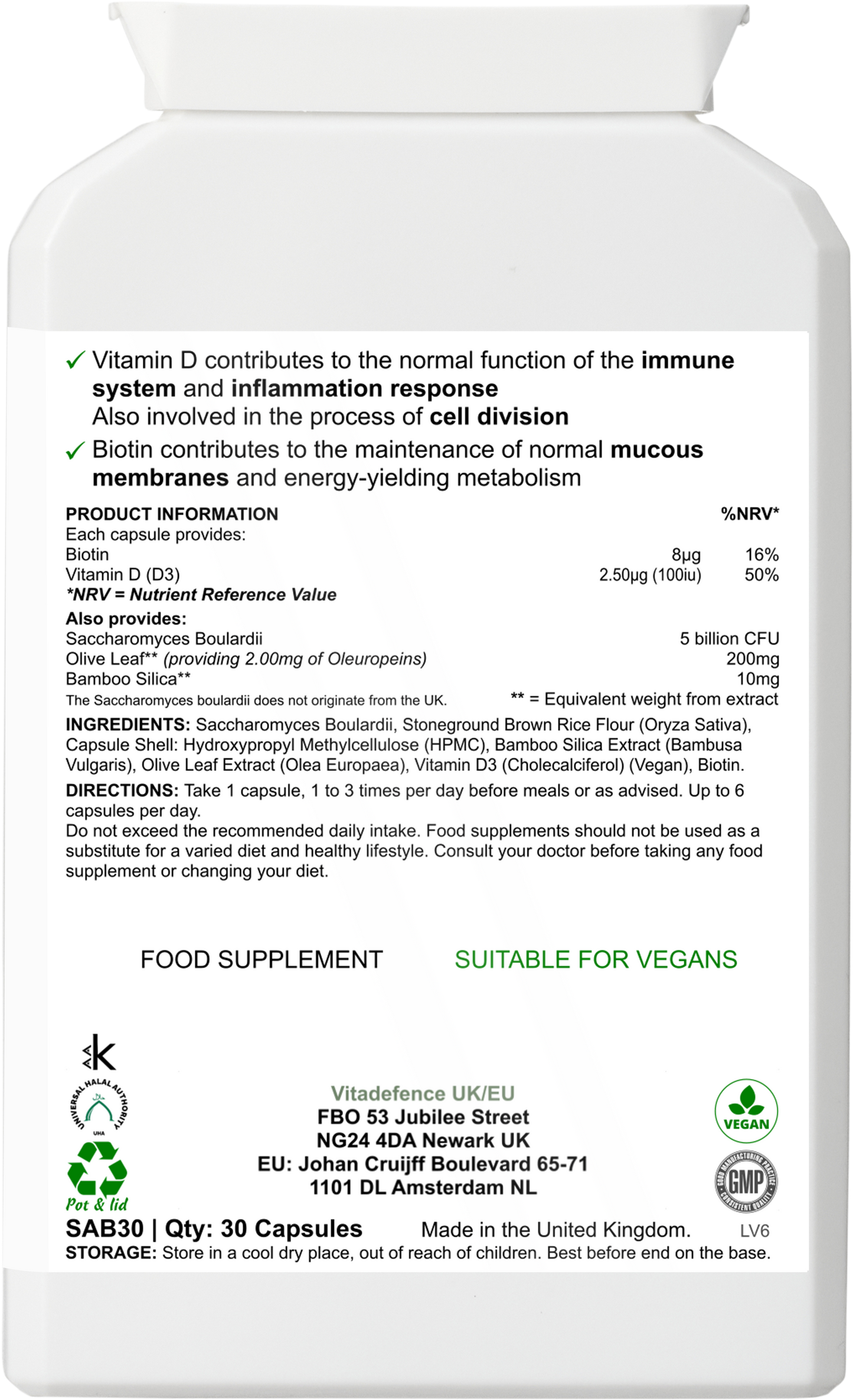 Saccharomyces Multi | With Vitamin D3, Biotin, Olive Leaf & Bamboo Silica – 30 Capsules -  Vitadefence® - Vitadefence®
