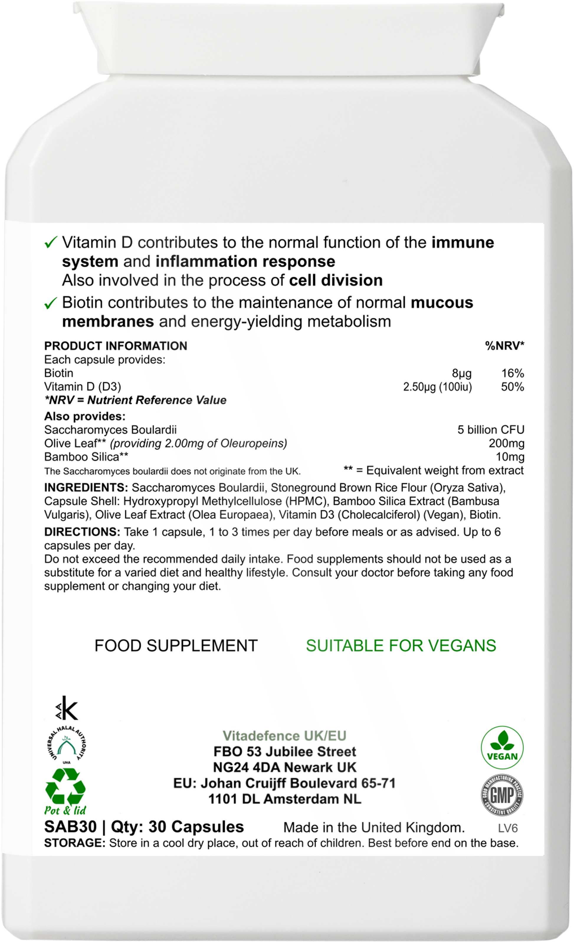 Saccharomyces Multi | With Vitamin D3, Biotin, Olive Leaf & Bamboo Silica – 30 Capsules -  Vitadefence® - Vitadefence®
