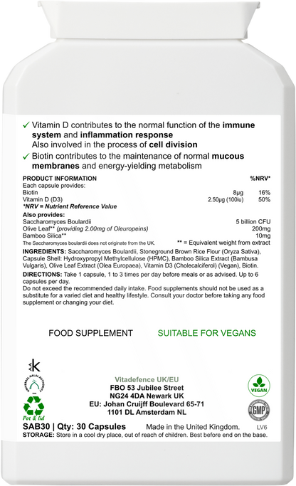 Saccharomyces Multi | With Vitamin D3, Biotin, Olive Leaf & Bamboo Silica – 30 Capsules -  Vitadefence® - Vitadefence®
