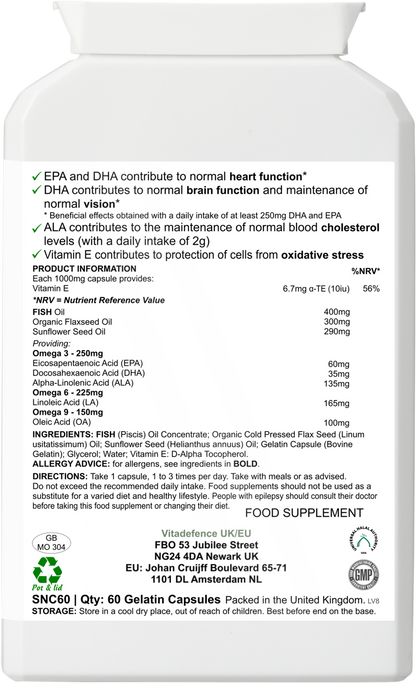 Omega 3-6-9 Multi | With Fish Oil, Flaxseed, Sunflower Oil & Vitamin E – 60 Gelatin Capsules -  Vitadefence® - Vitadefence®
