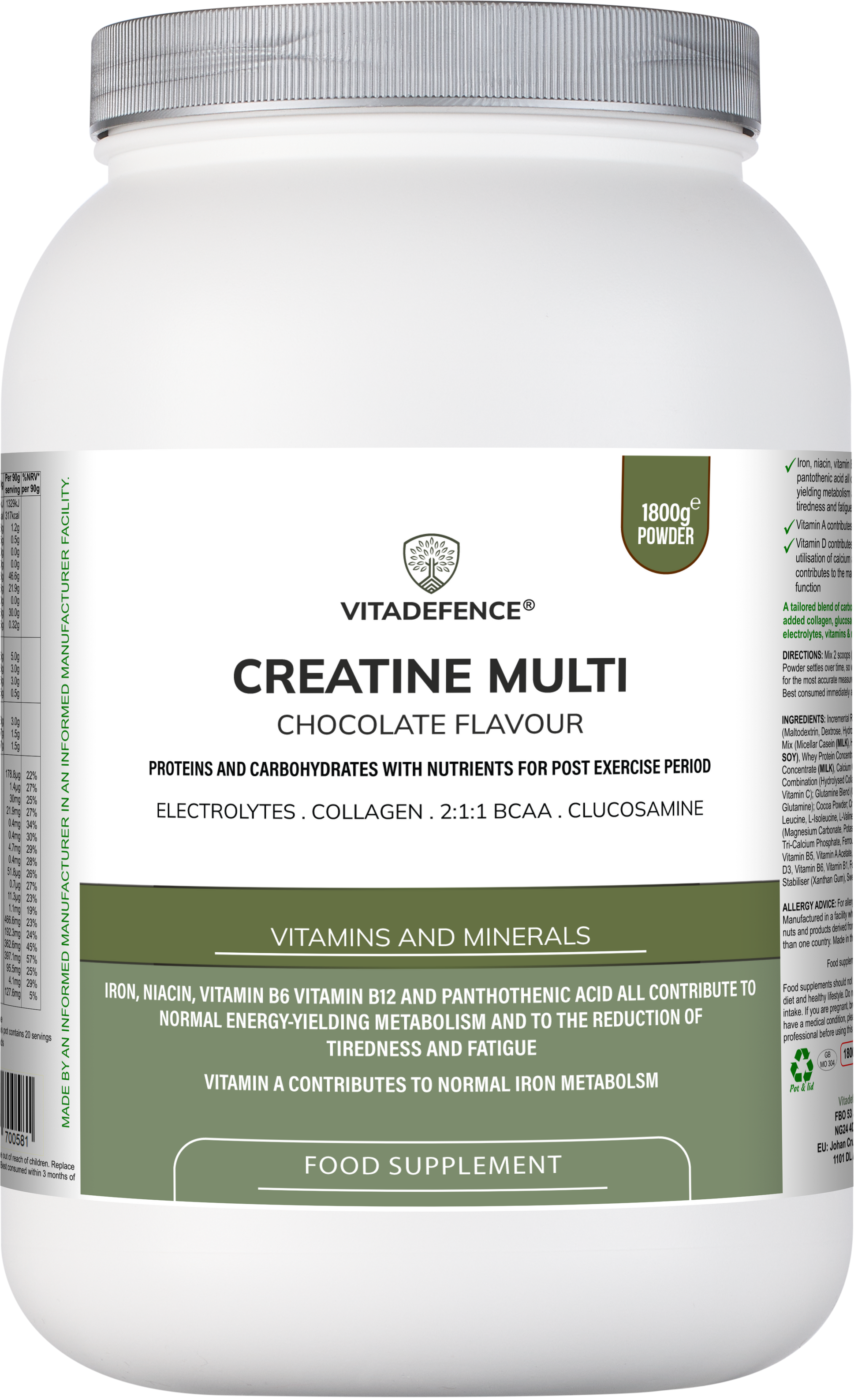 Creatine Multi | Chocolate Flavour Recovery Shake with BCAA, Collagen, Electrolytes, Vitamins & Minerals – 1.8 kg -  Vitadefence® - Vitadefence®

