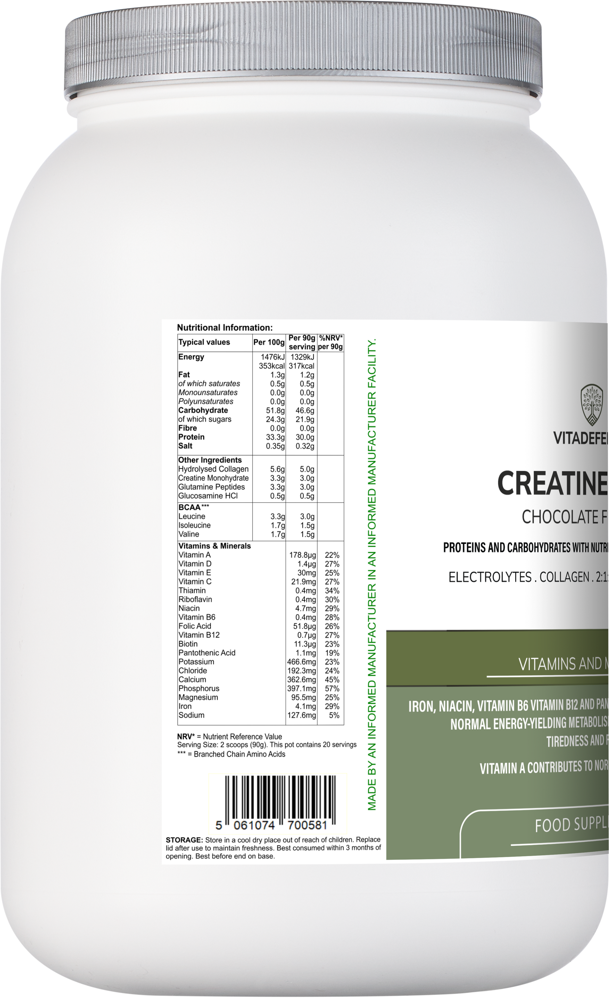 Creatine Multi | Chocolate Flavour Recovery Shake with BCAA, Collagen, Electrolytes, Vitamins & Minerals – 1.8 kg -  Vitadefence® - Vitadefence®
