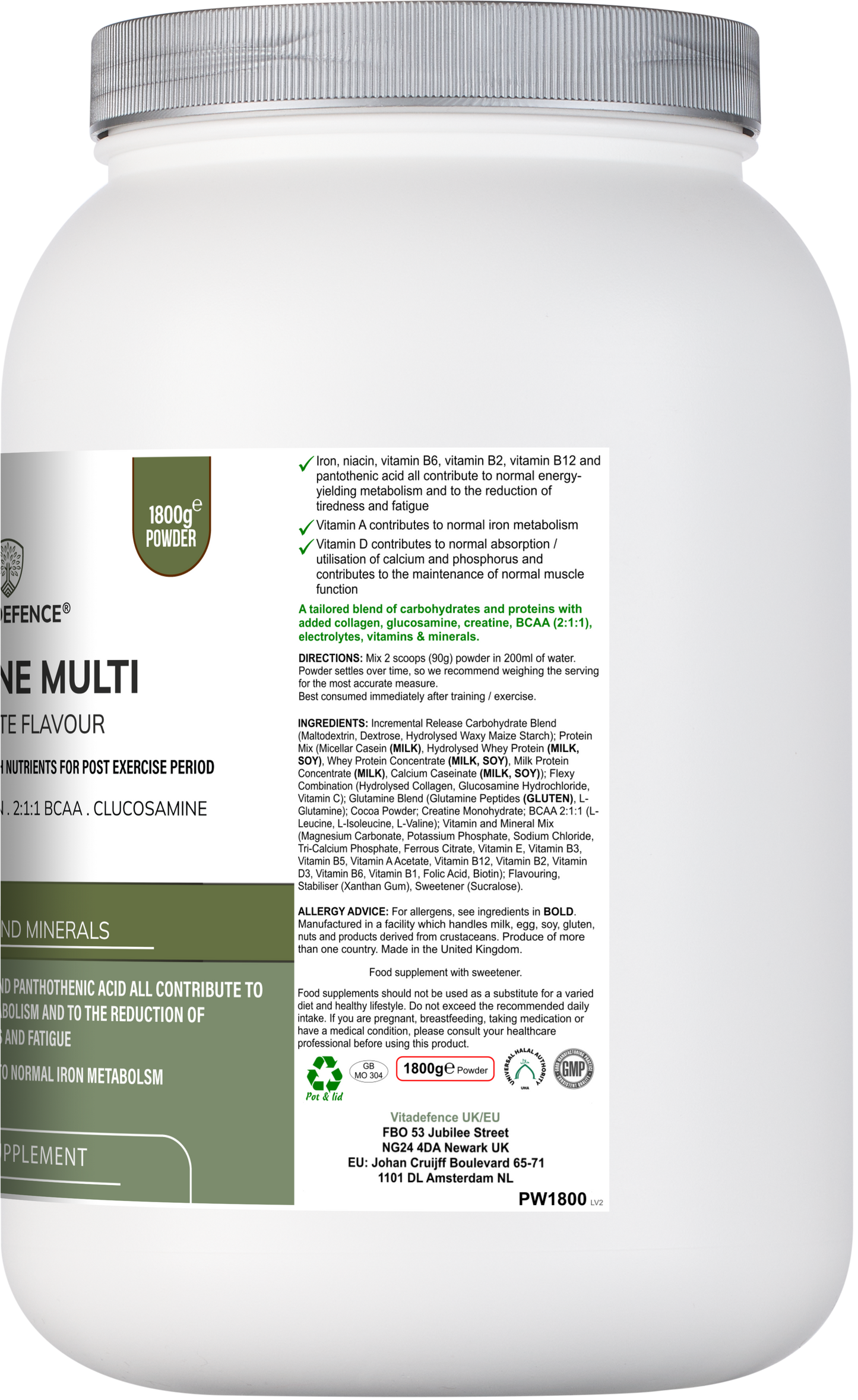 Creatine Multi | Chocolate Flavour Recovery Shake with BCAA, Collagen, Electrolytes, Vitamins & Minerals – 1.8 kg -  Vitadefence® - Vitadefence®
