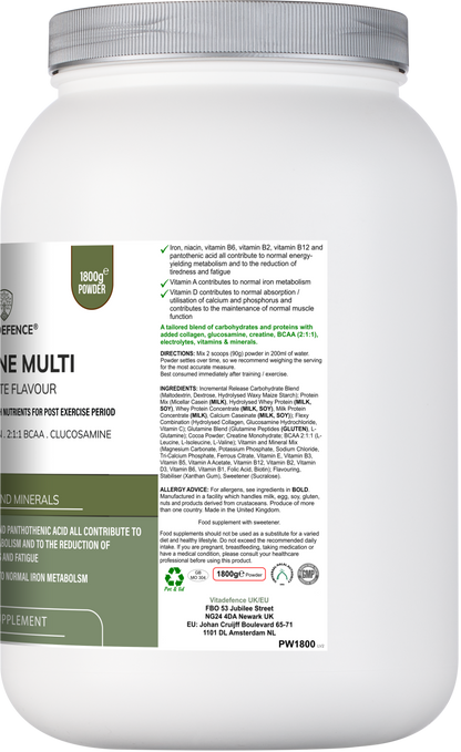 Creatine Multi | Chocolate Flavour Recovery Shake with BCAA, Collagen, Electrolytes, Vitamins & Minerals – 1.8 kg -  Vitadefence® - Vitadefence®
