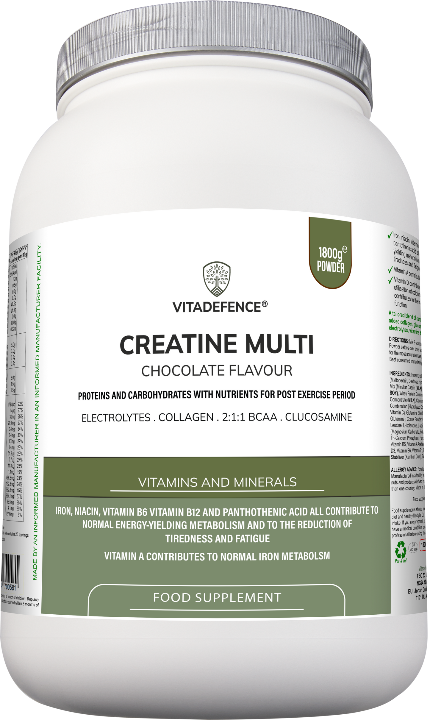 Creatine Multi | Chocolate Flavour Recovery Shake with BCAA, Collagen, Electrolytes, Vitamins & Minerals – 1.8 kg -  Vitadefence® - Vitadefence®
