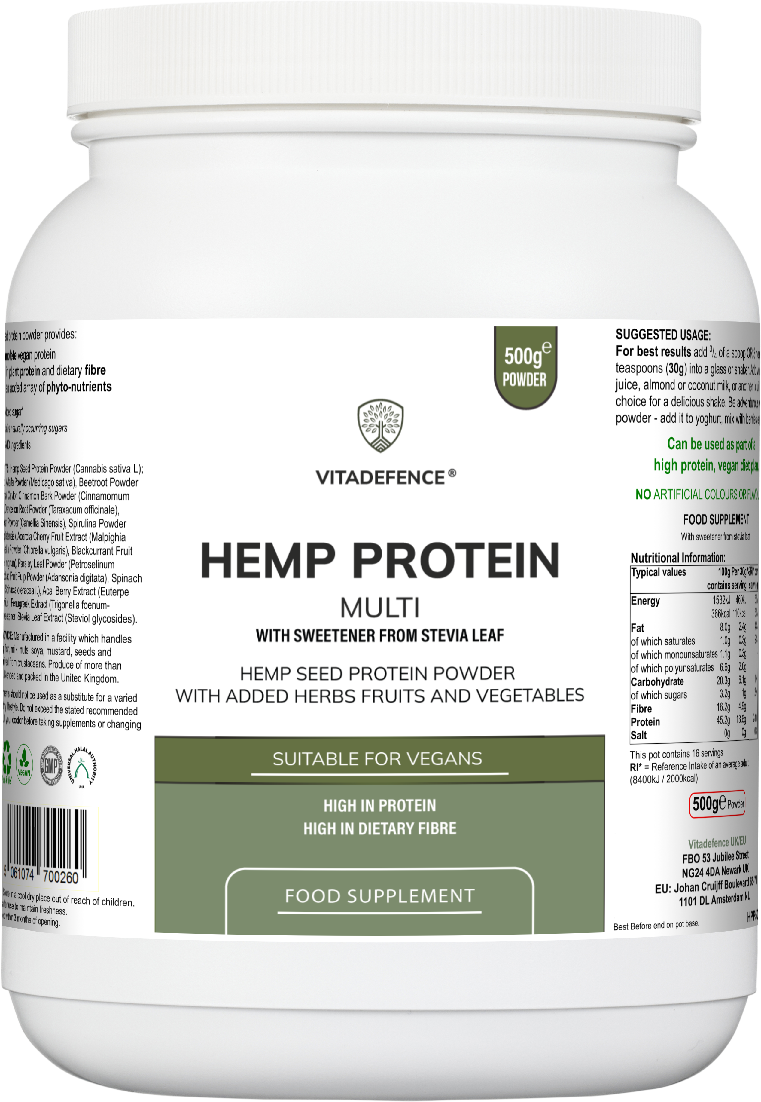 Hemp Protein Multi | Plant-Based Protein Powder with Fruits, Herbs & Vegetables – 500 g -  Vitadefence® - Vitadefence®
