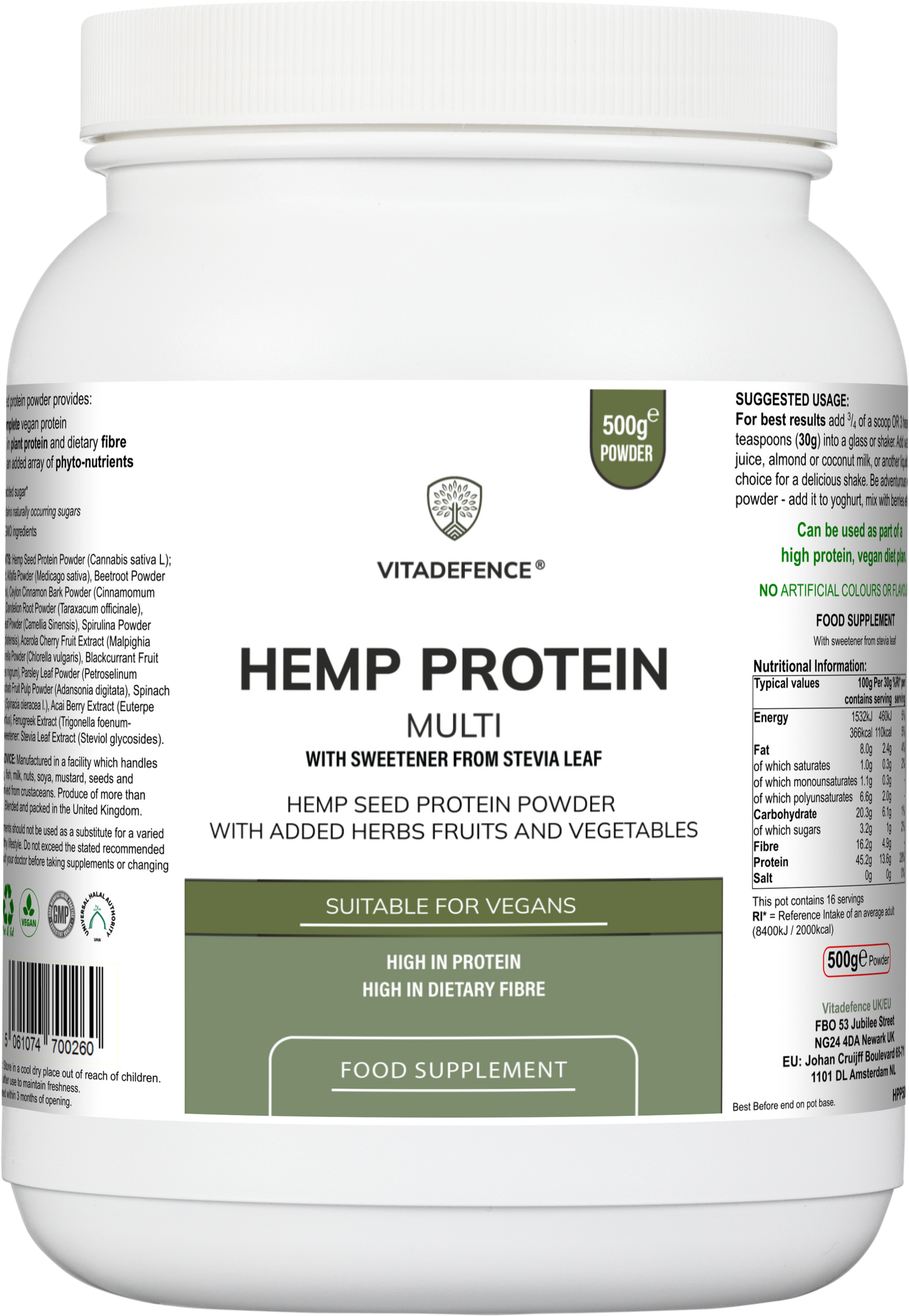 Hemp Protein Multi | Plant-Based Protein Powder with Fruits, Herbs & Vegetables – 500 g -  Vitadefence® - Vitadefence®
