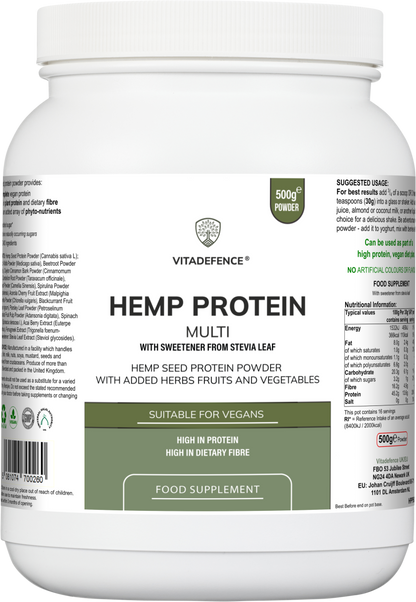 Hemp Protein Multi | Plant-Based Protein Powder with Fruits, Herbs & Vegetables – 500 g -  Vitadefence® - Vitadefence®
