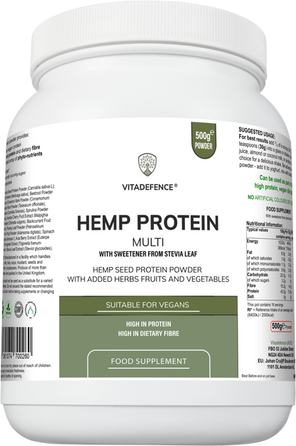 Hemp Protein Multi | Plant-Based Protein Powder with Fruits, Herbs & Vegetables – 500 g -  Vitadefence® - Vitadefence®

