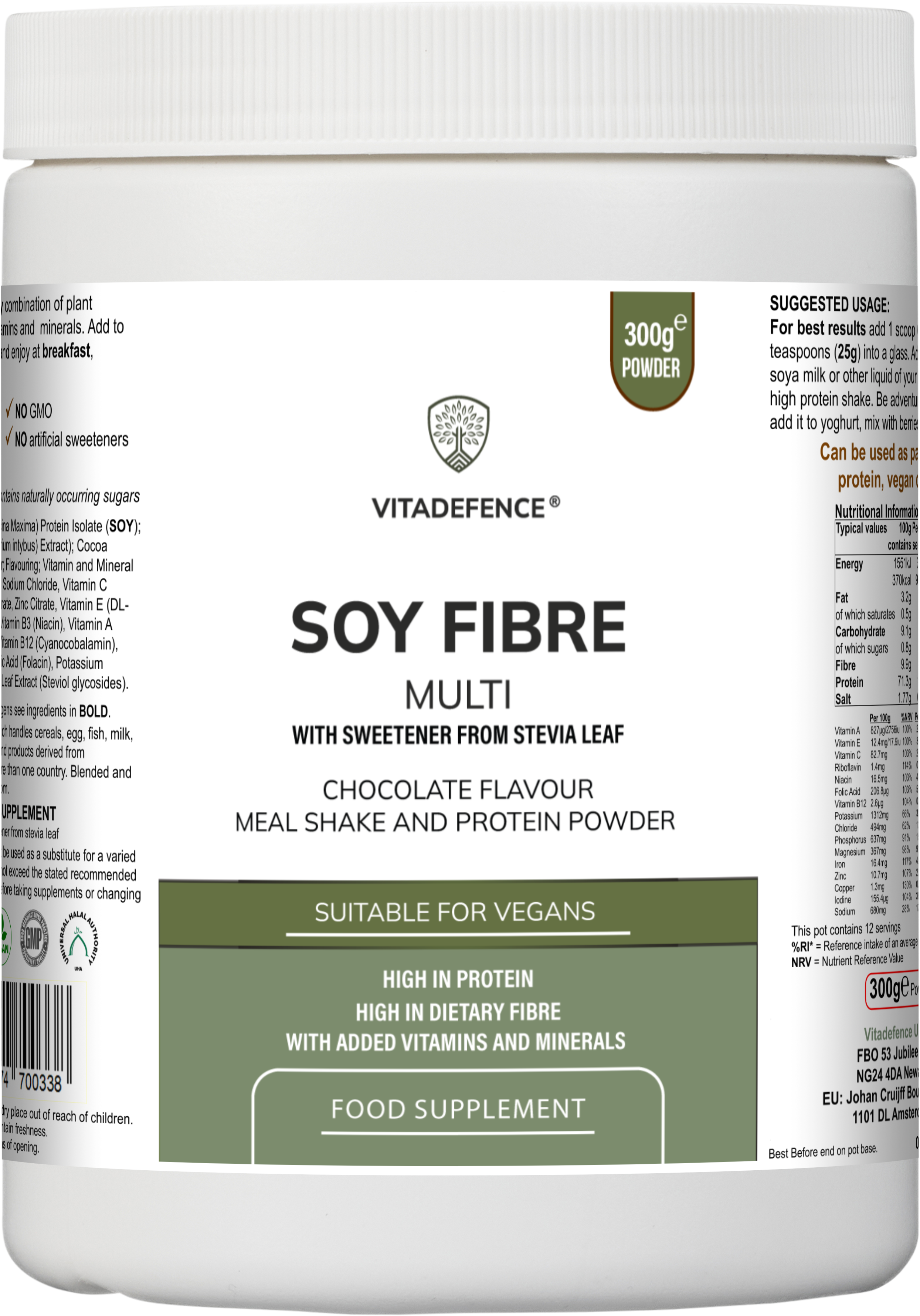 Soy Fibre Multi | Chocolate Flavour Protein Powder with Vitamins & Minerals – 300 g -  Vitadefence® - Vitadefence®
