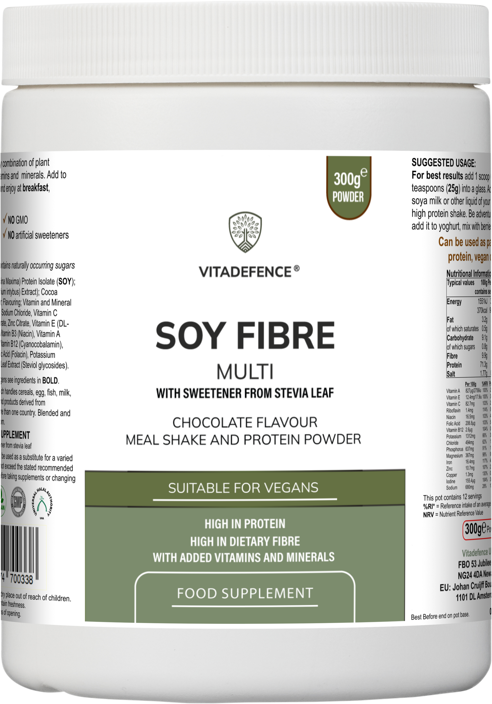Soy Fibre Multi | Chocolate Flavour Protein Powder with Vitamins & Minerals – 300 g -  Vitadefence® - Vitadefence®
