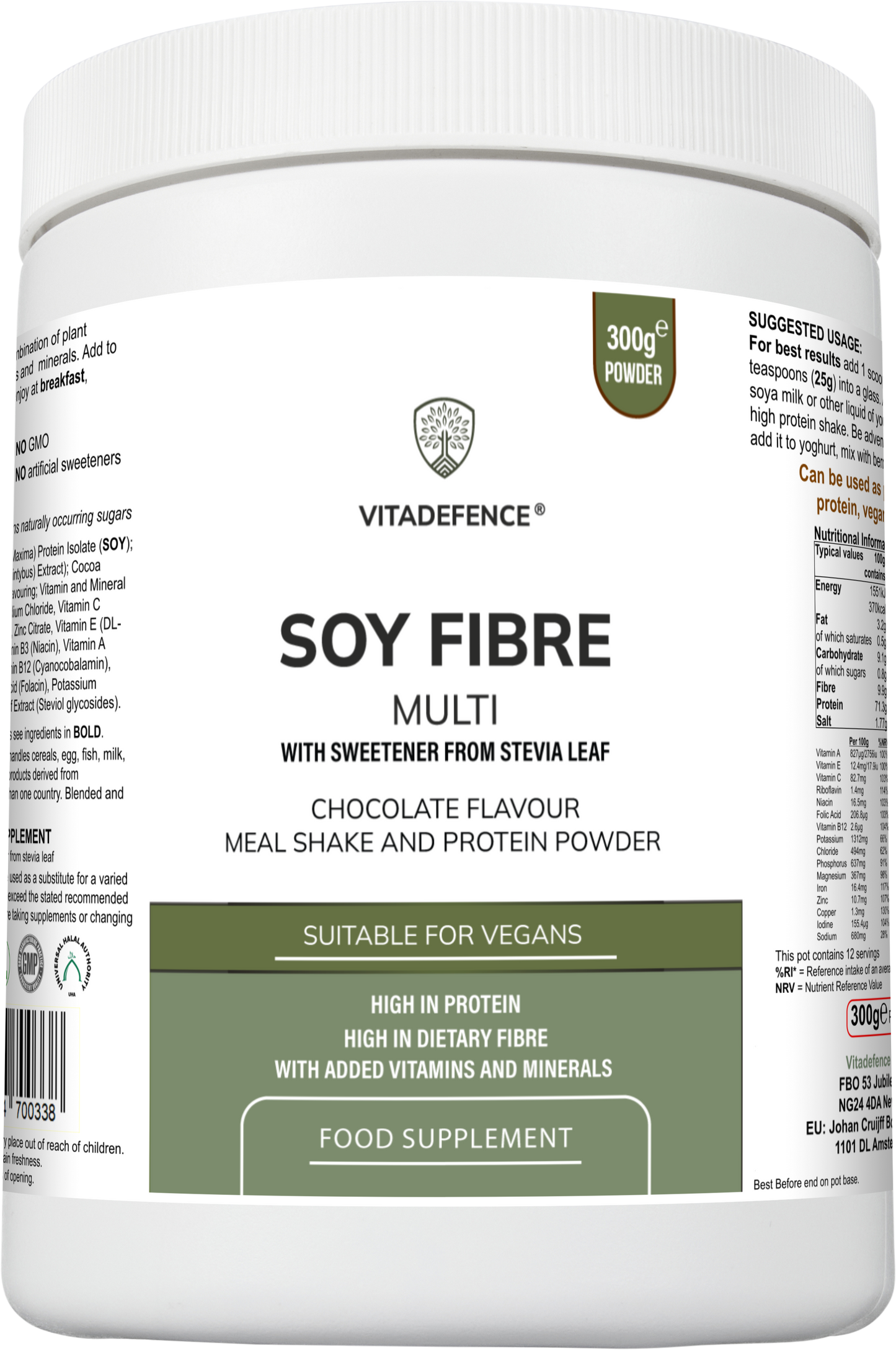 Soy Fibre Multi | Chocolate Flavour Protein Powder with Vitamins & Minerals – 300 g -  Vitadefence® - Vitadefence®

