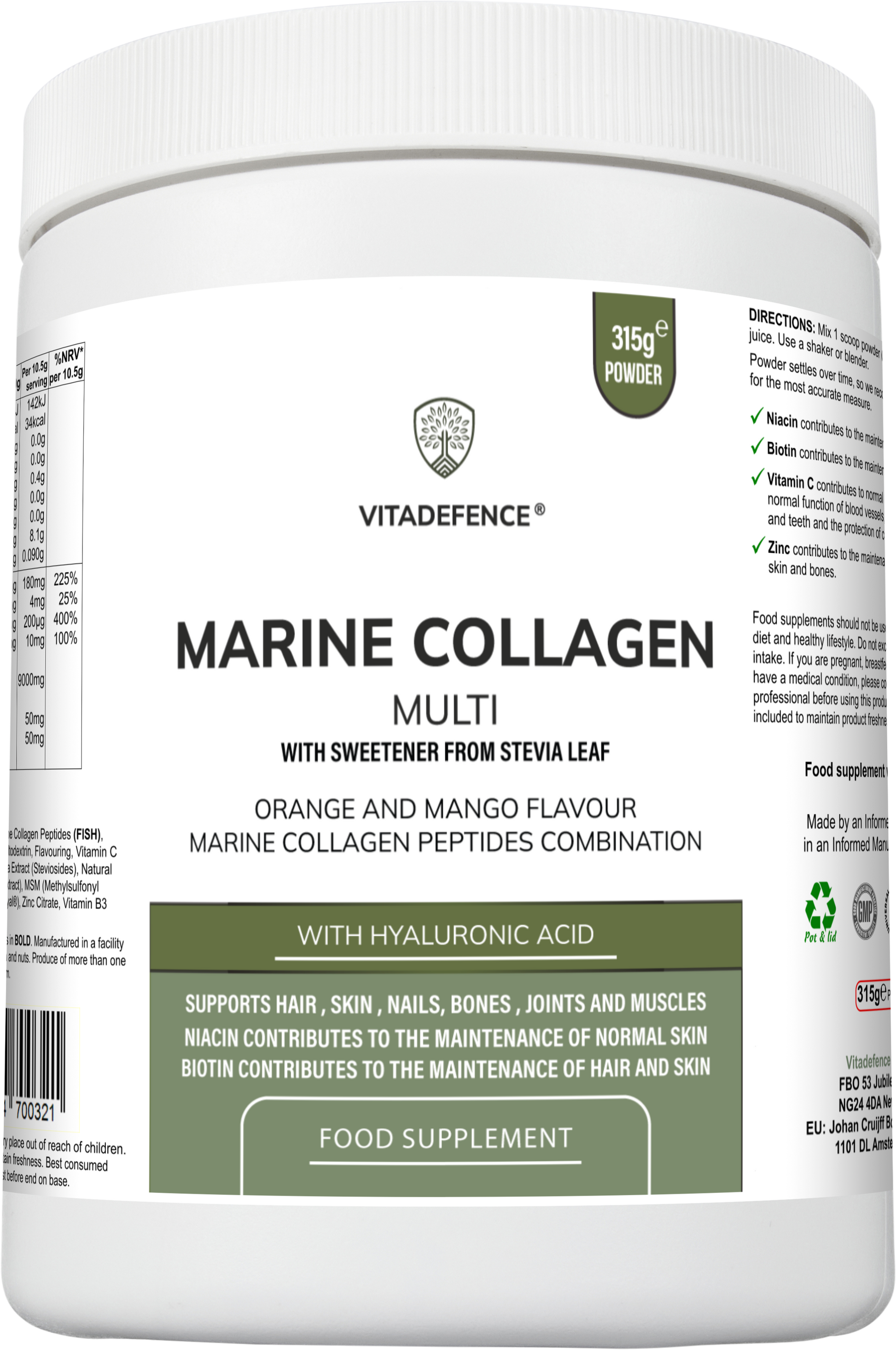 Marine Collagen Multi | Orange & Mango Flavour Powder with Hyaluronic Acid, MSM, Vitamins & Minerals – 315 g -  Vitadefence® - Vitadefence®
