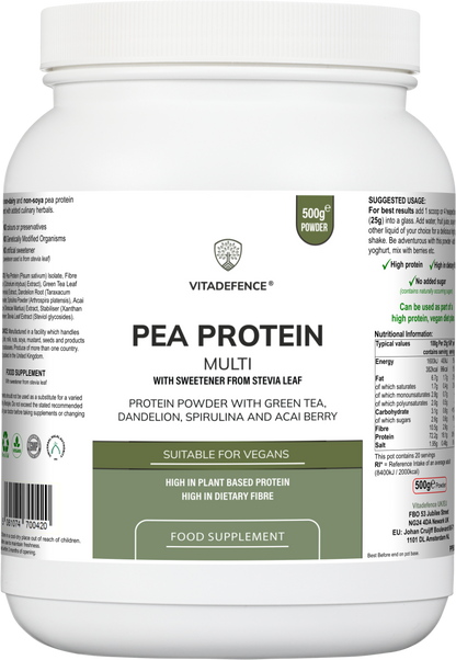 Pea Protein Multi | Plant-Based Protein Powder with Green Tea, Spirulina, Açai & Dandelion – 500 g -  Vitadefence® - Vitadefence®
