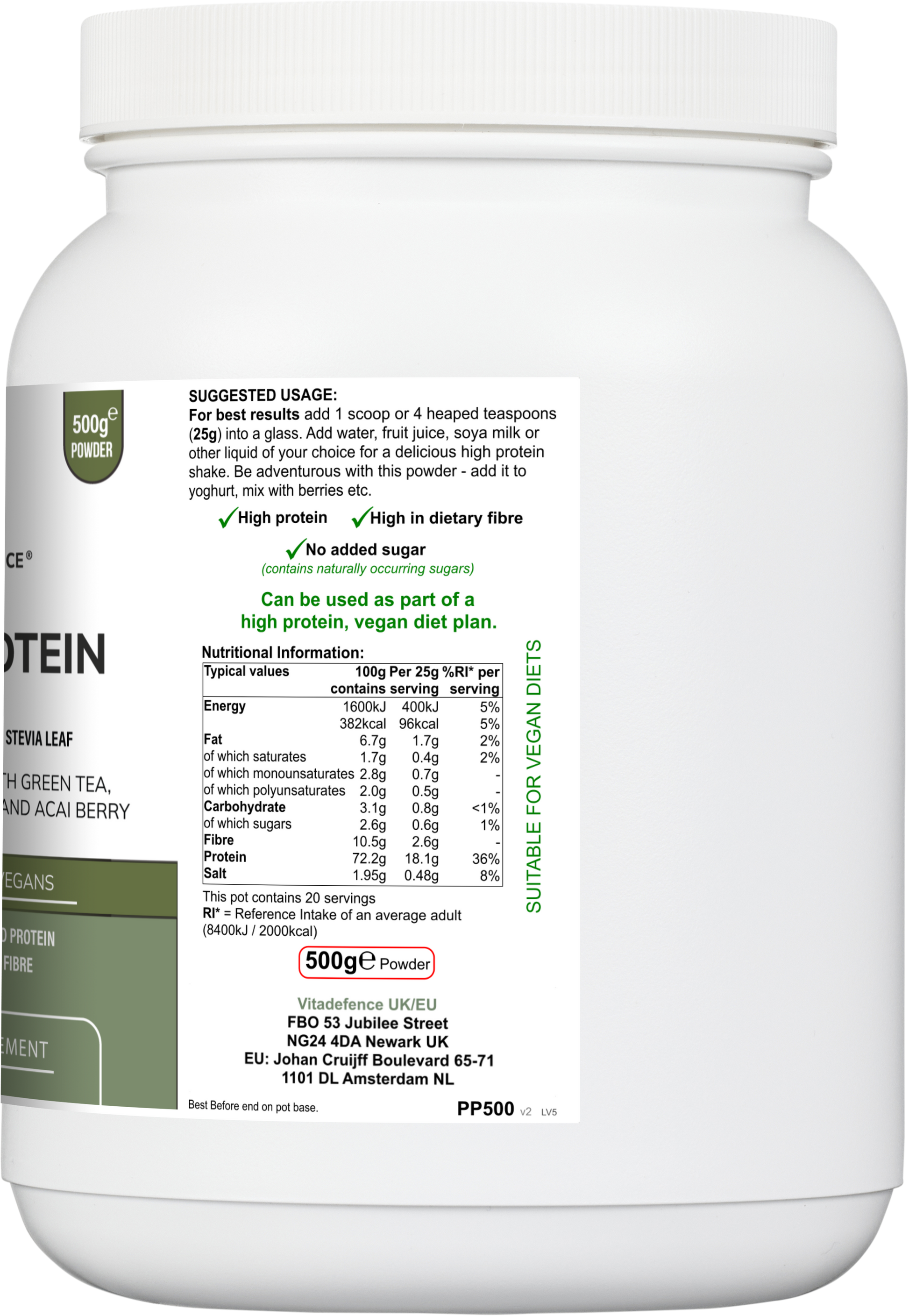 Pea Protein Multi | Plant-Based Protein Powder with Green Tea, Spirulina, Açai & Dandelion – 500 g -  Vitadefence® - Vitadefence®
