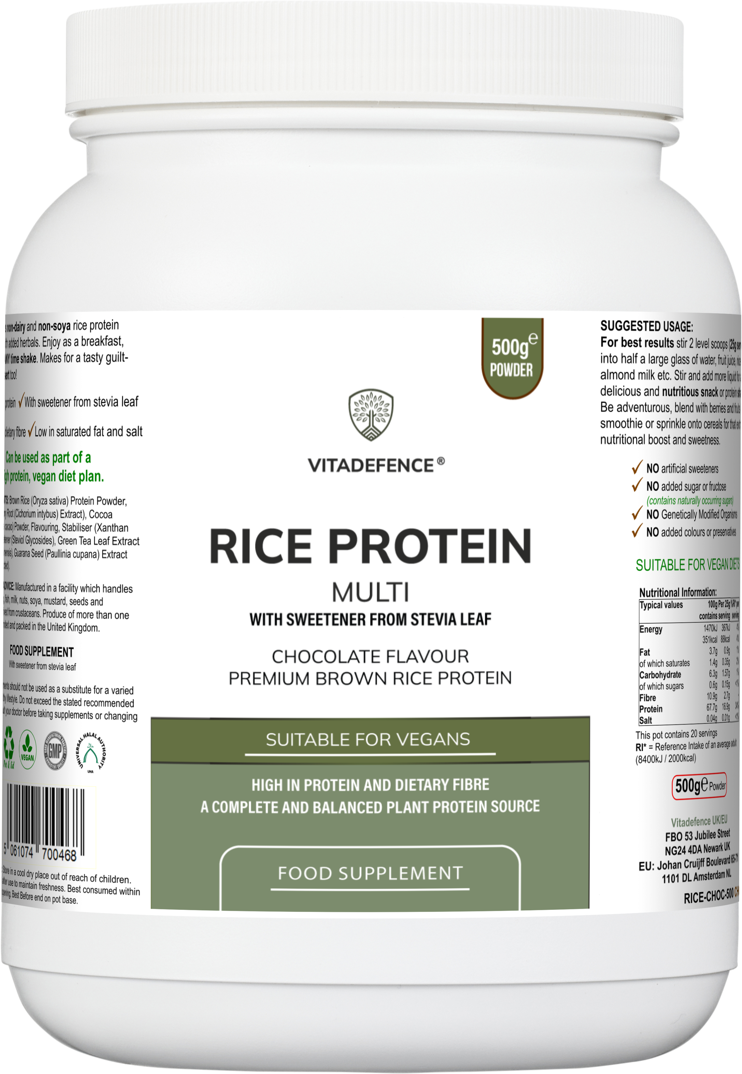 Rice Protein Multi | Chocolate Flavour Powder with Green Tea & Guarana – 500 g -  Vitadefence® - Vitadefence®
