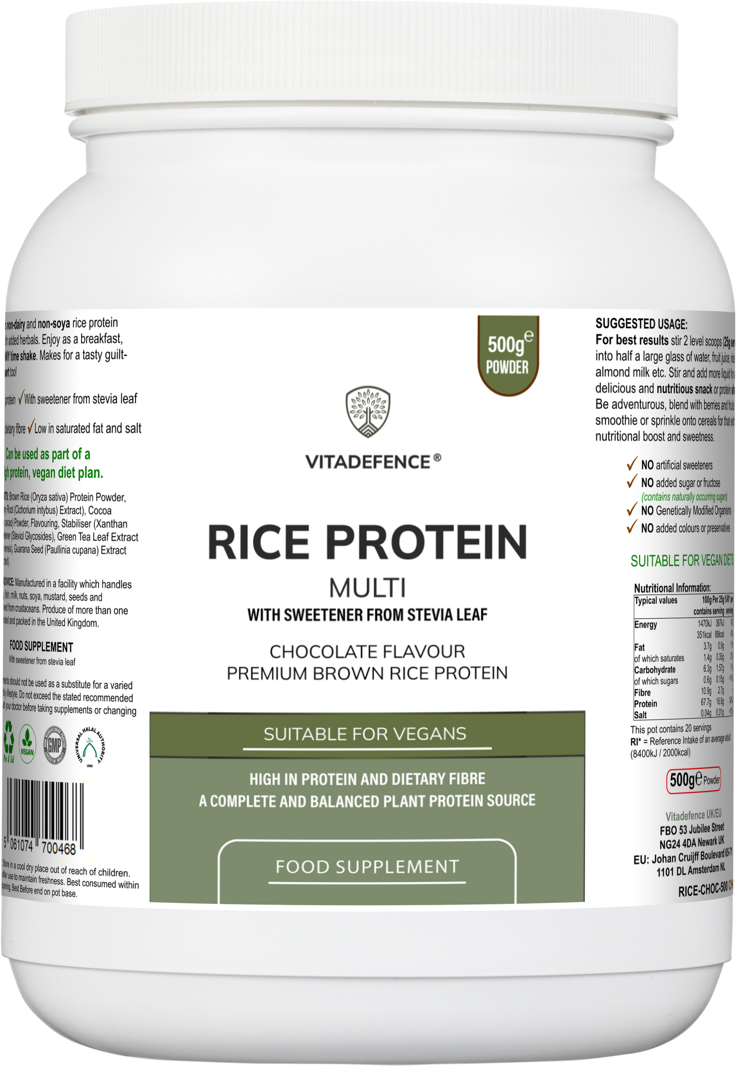 Rice Protein Multi | Chocolate Flavour Powder with Green Tea & Guarana – 500 g -  Vitadefence® - Vitadefence®

