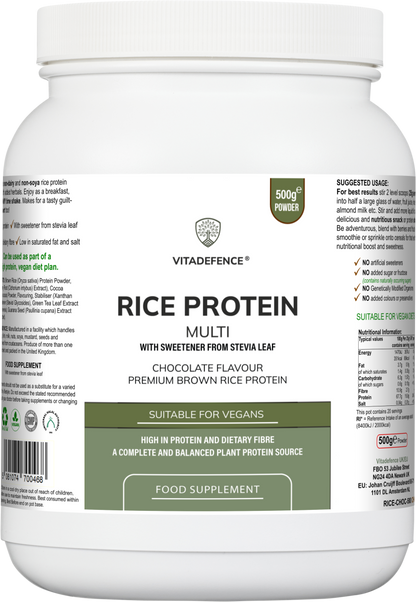 Rice Protein Multi | Chocolate Flavour Powder with Green Tea & Guarana – 500 g -  Vitadefence® - Vitadefence®
