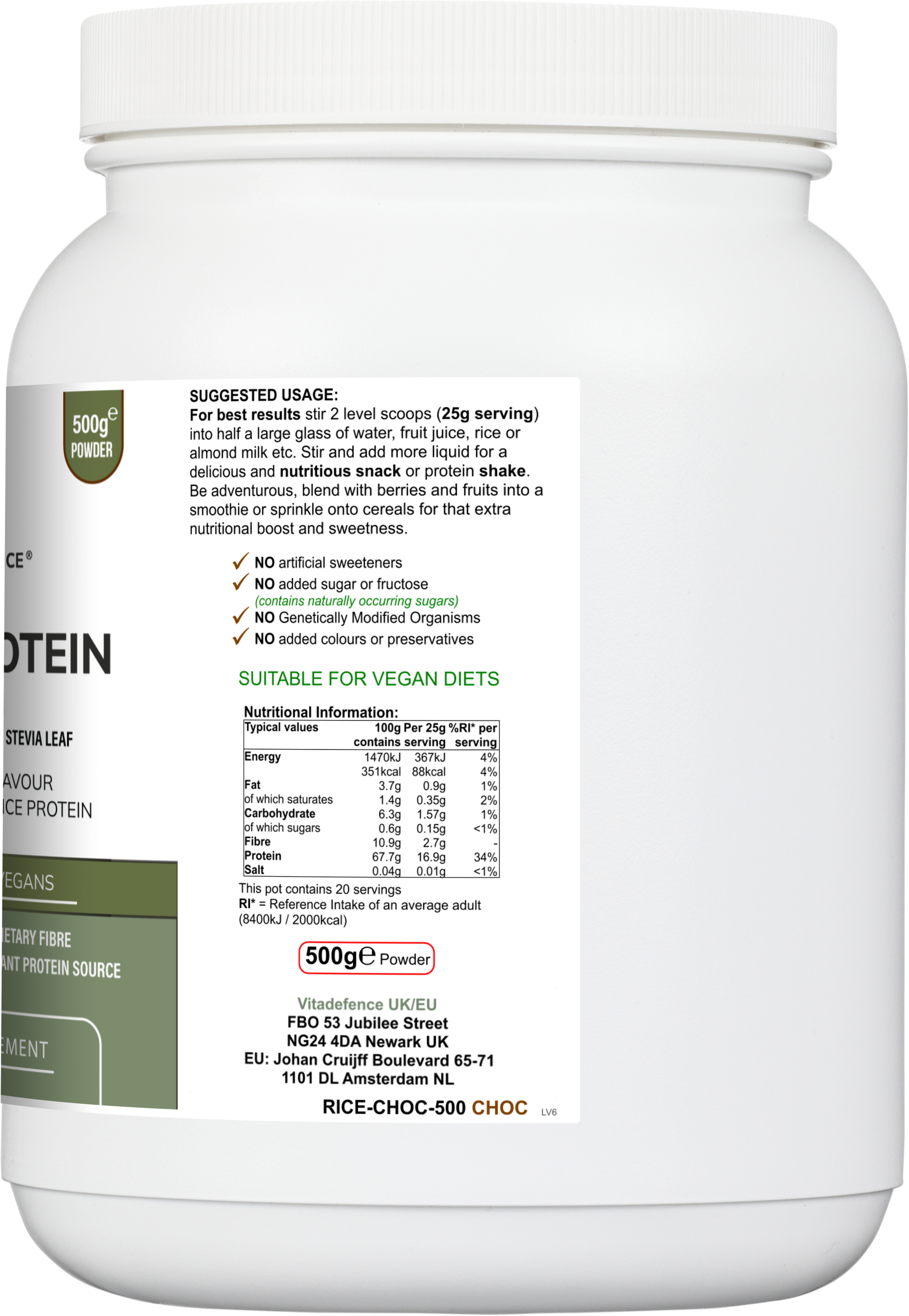 Rice Protein Multi | Chocolate Flavour Powder with Green Tea & Guarana – 500 g -  Vitadefence® - Vitadefence®
