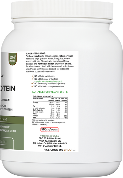 Rice Protein Multi | Chocolate Flavour Powder with Green Tea & Guarana – 500 g -  Vitadefence® - Vitadefence®
