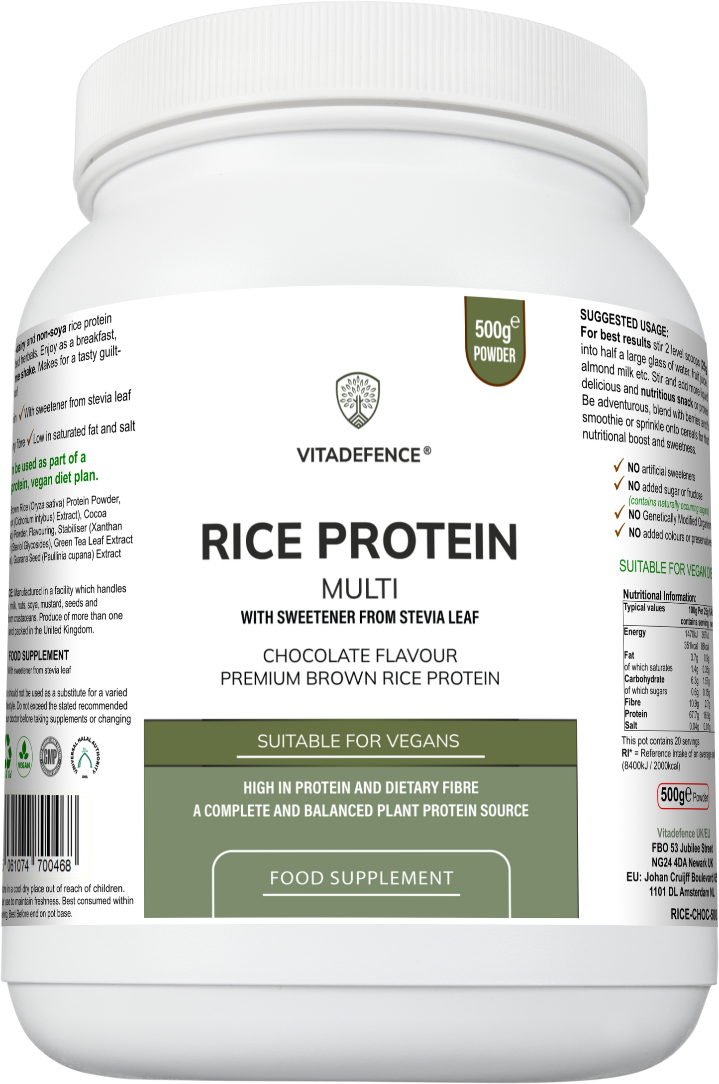 Rice Protein Multi | Chocolate Flavour Powder with Green Tea & Guarana – 500 g -  Vitadefence® - Vitadefence®

