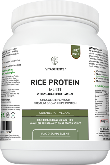 Rice Protein Multi | Chocolate Flavour Powder with Green Tea & Guarana – 500 g -  Vitadefence® - Vitadefence®
