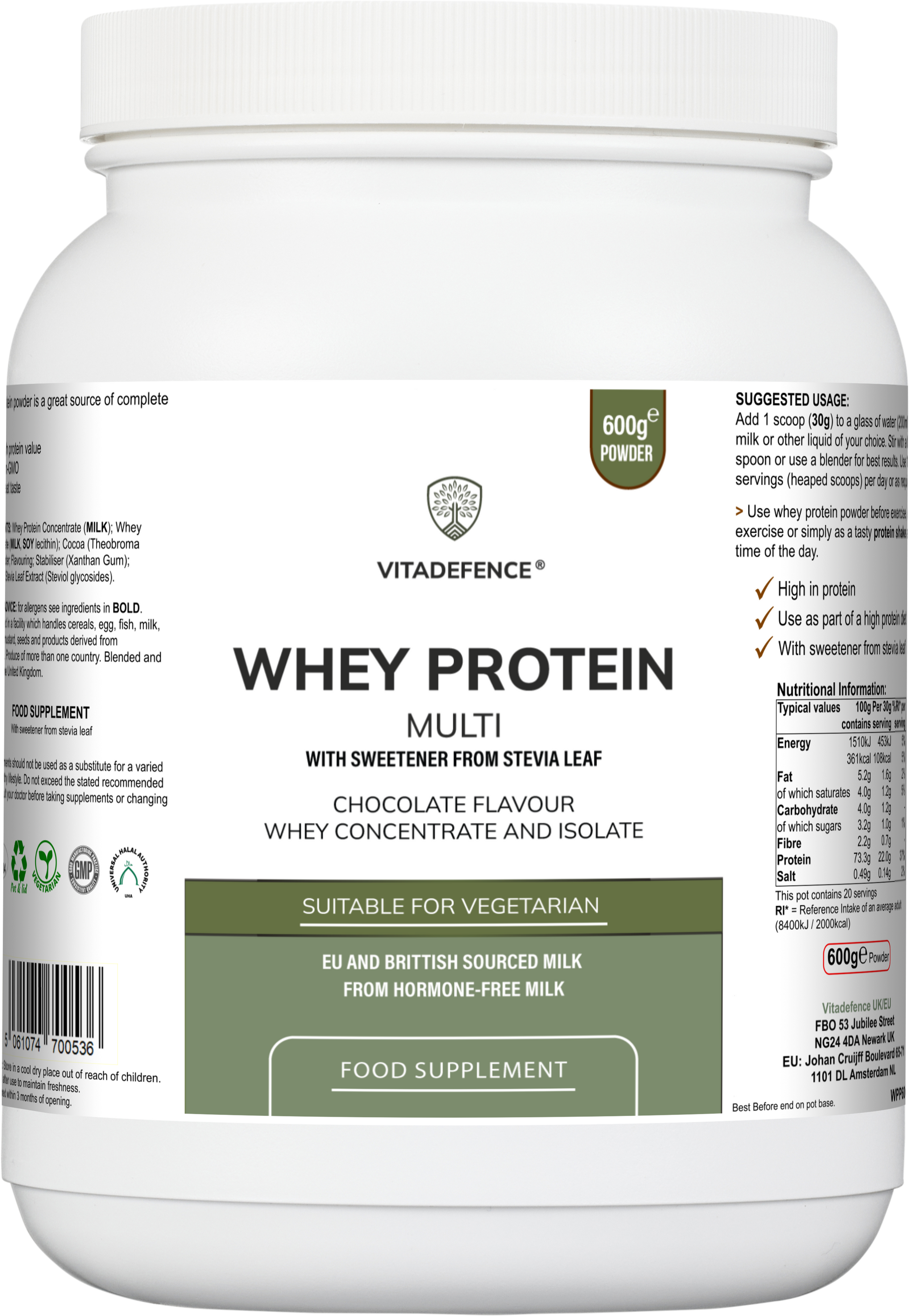 Whey Protein Multi | Chocolate Flavour Protein Powder with Stevia – 600 g -  Vitadefence® - Vitadefence®
