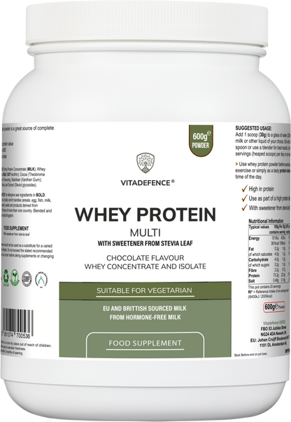 Whey Protein Multi | Chocolate Flavour Protein Powder with Stevia – 600 g -  Vitadefence® - Vitadefence®

