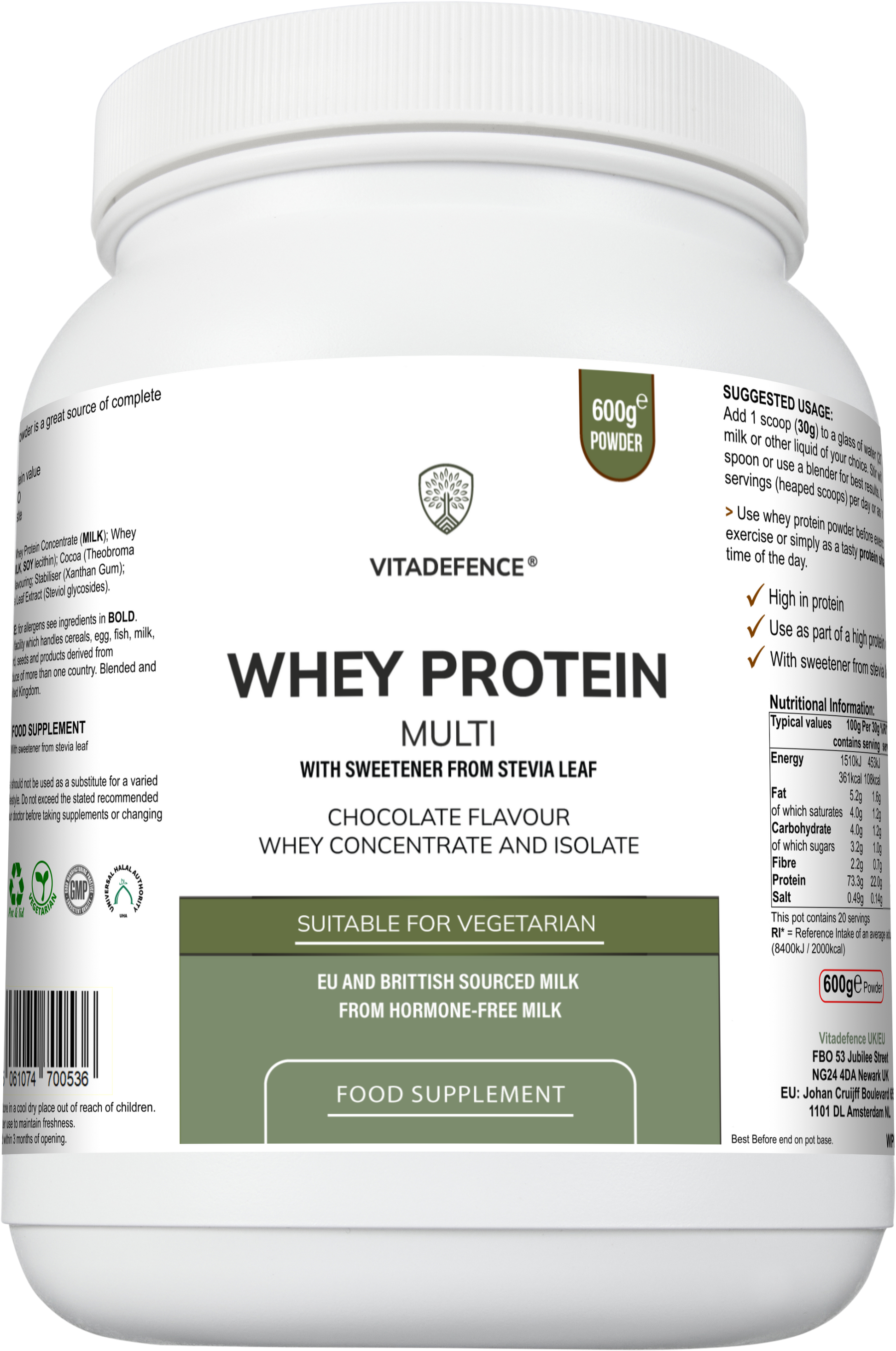 Whey Protein Multi | Chocolate Flavour Protein Powder with Stevia – 600 g -  Vitadefence® - Vitadefence®
