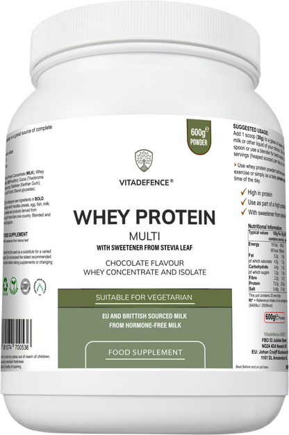 Whey Protein Multi | Chocolate Flavour Protein Powder with Stevia – 600 g -  Vitadefence® - Vitadefence®
