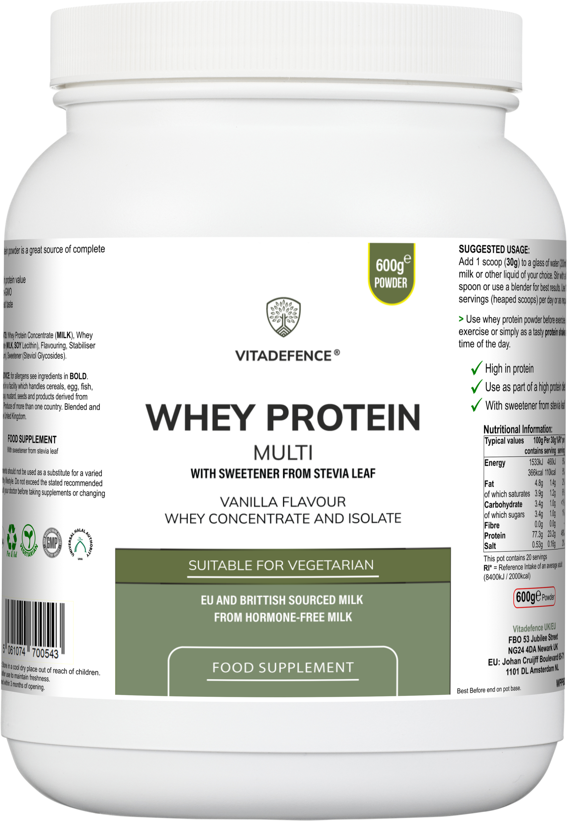 Whey Protein Multi | Vanilla Flavour Protein Powder with Stevia – 600 g -  Vitadefence® - Vitadefence®
