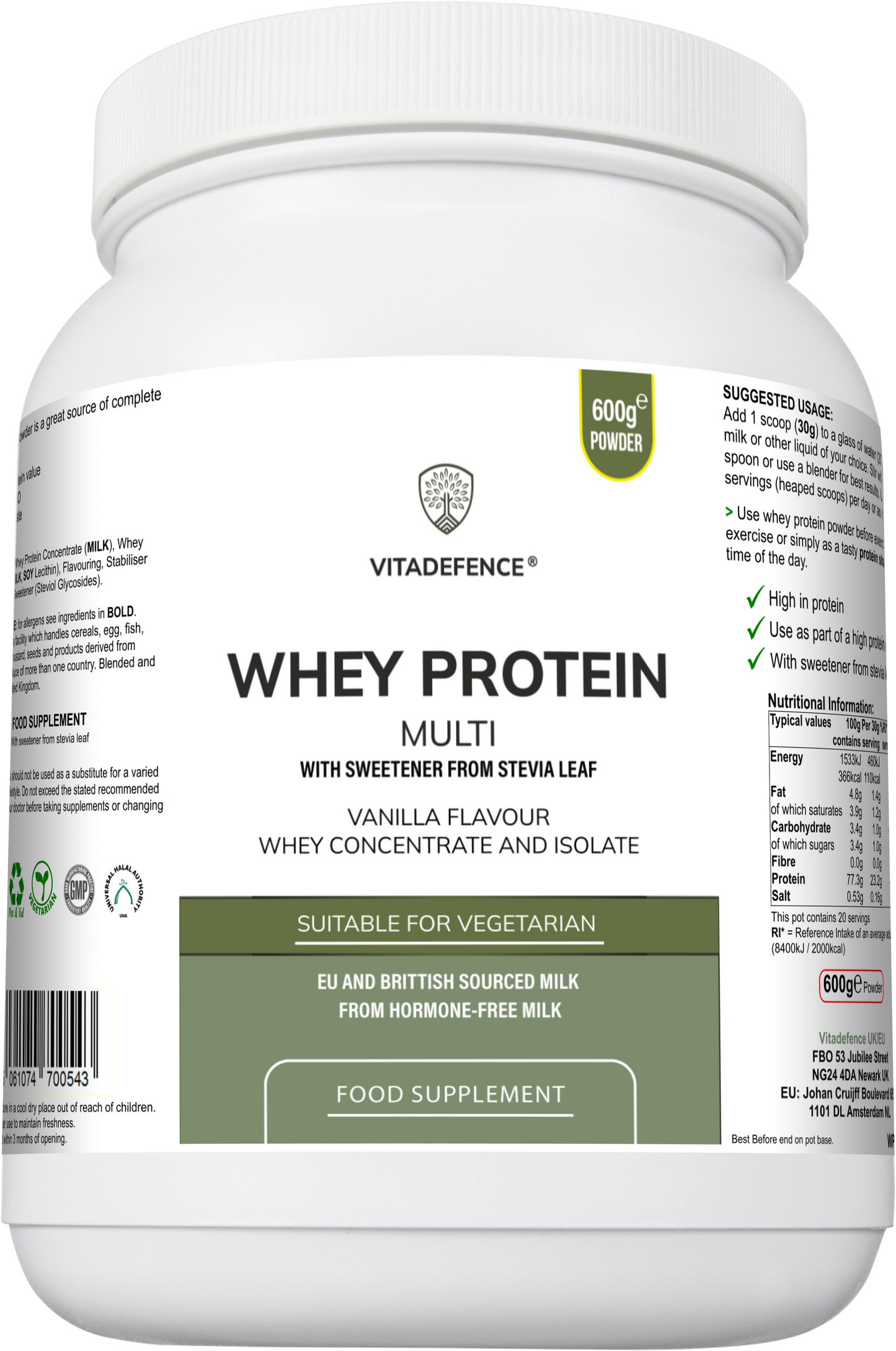 Whey Protein Multi | Vanilla Flavour Protein Powder with Stevia – 600 g -  Vitadefence® - Vitadefence®

