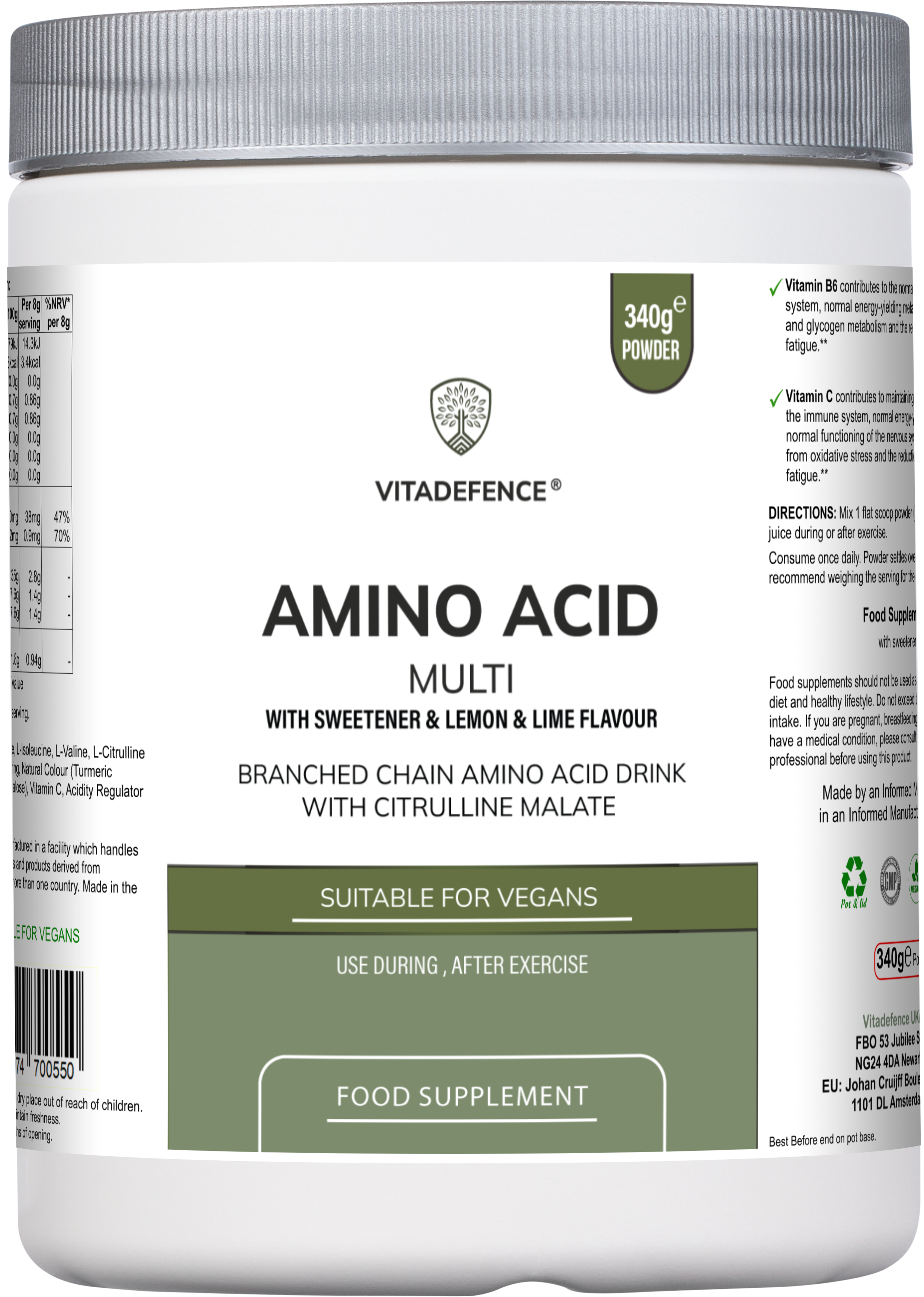 Amino Acid Multi | Lemon & Lime Flavour with Citrulline Malate, BCAAs & Vitamins – 300 g -  Vitadefence® - Vitadefence®
