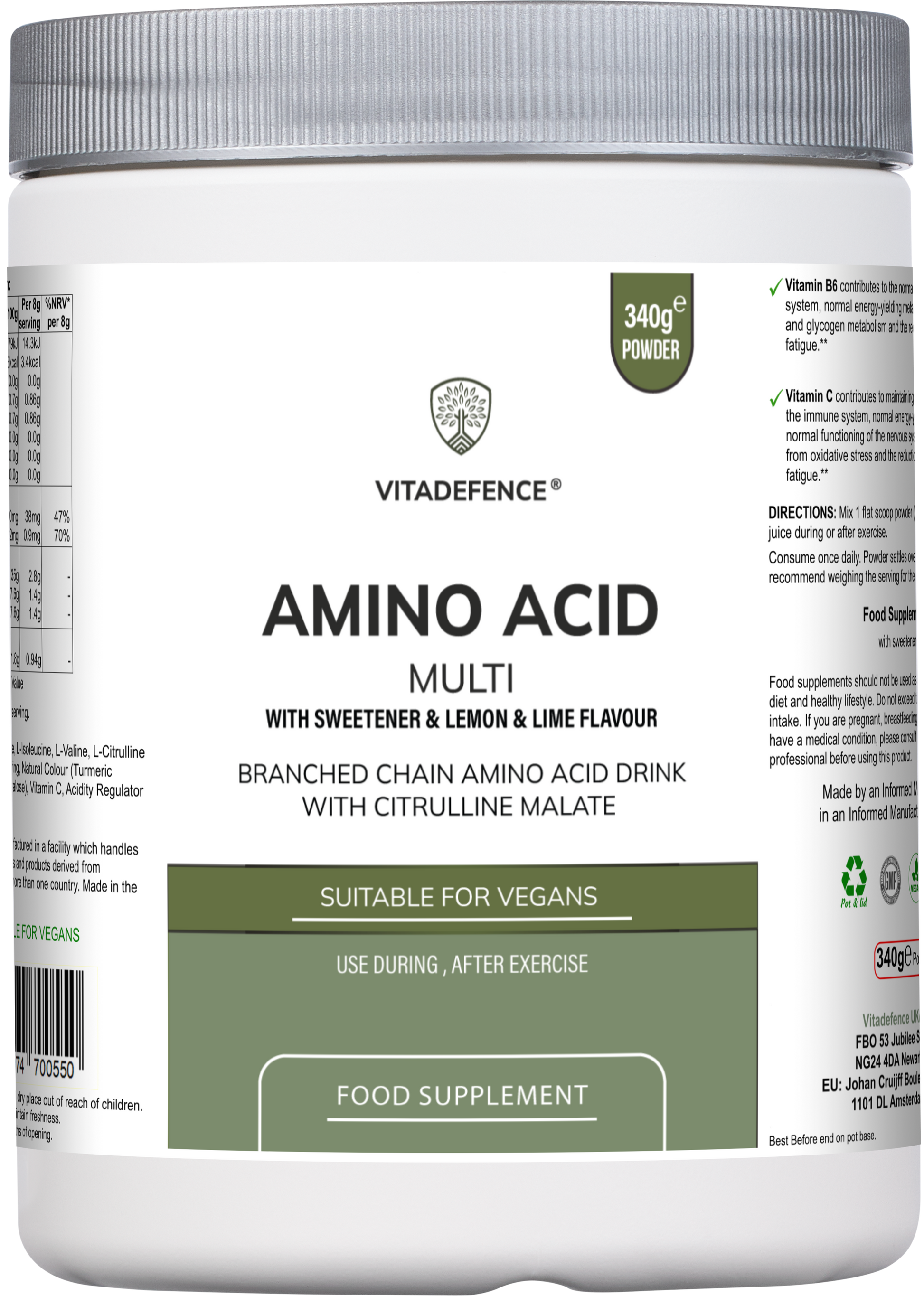Amino Acid Multi | Lemon & Lime Flavour with Citrulline Malate, BCAAs & Vitamins – 300 g -  Vitadefence® - Vitadefence®
