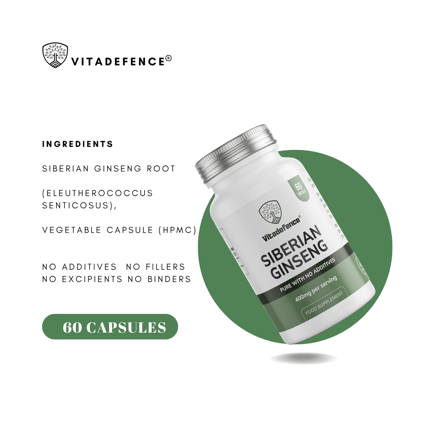 Siberian Ginseng | 400 mg Vegan Capsules – 60 Count -  Vitadefence® - Vitadefence®

