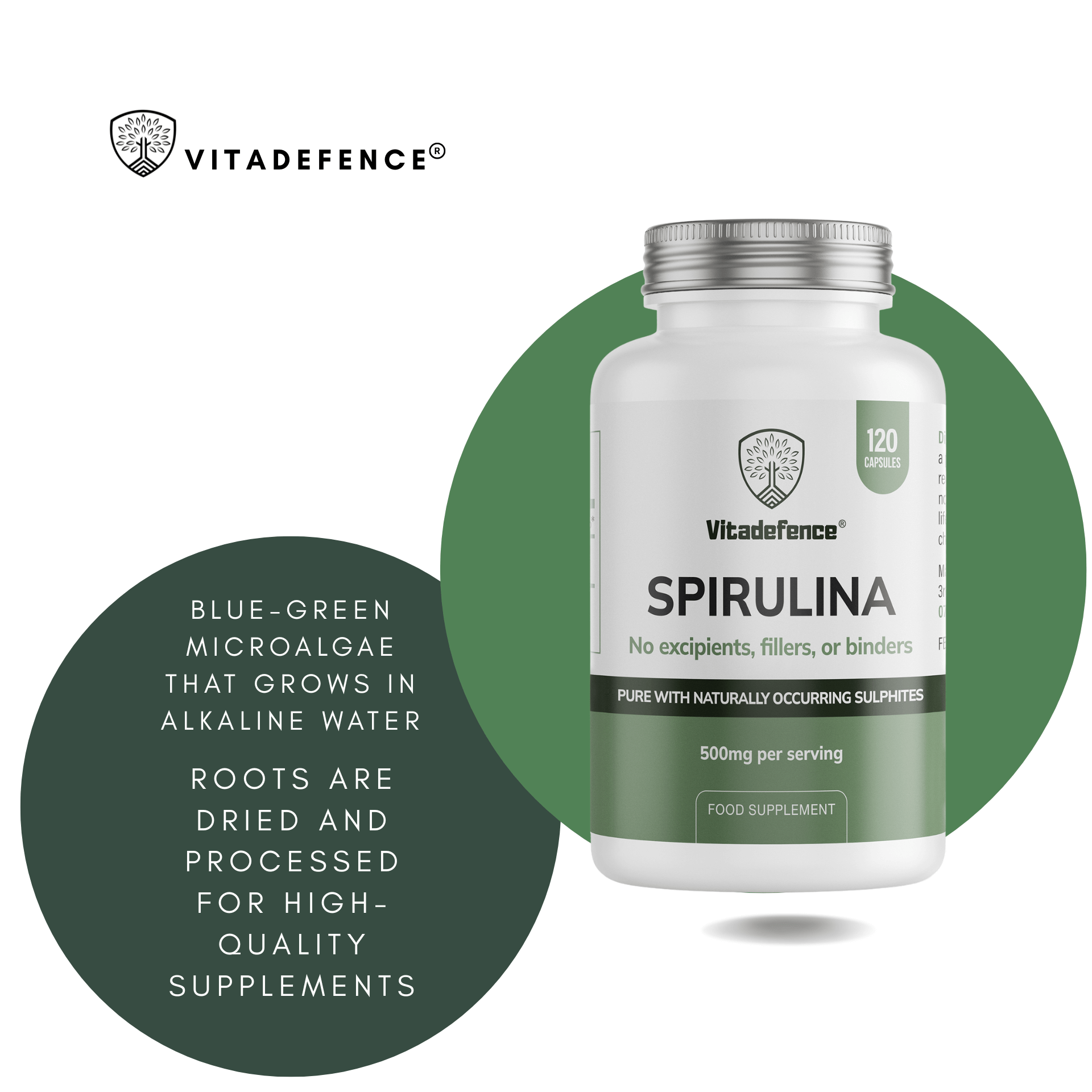 Spirulina | 500 mg Vegan Capsules – 120 Count -  Vitadefence® - Vitadefence®
